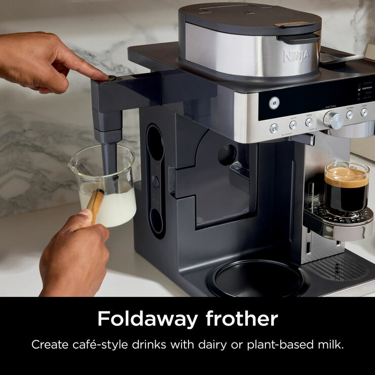Lifestyle image of foldaway frother used on Ninja Prestige Dualbrew System