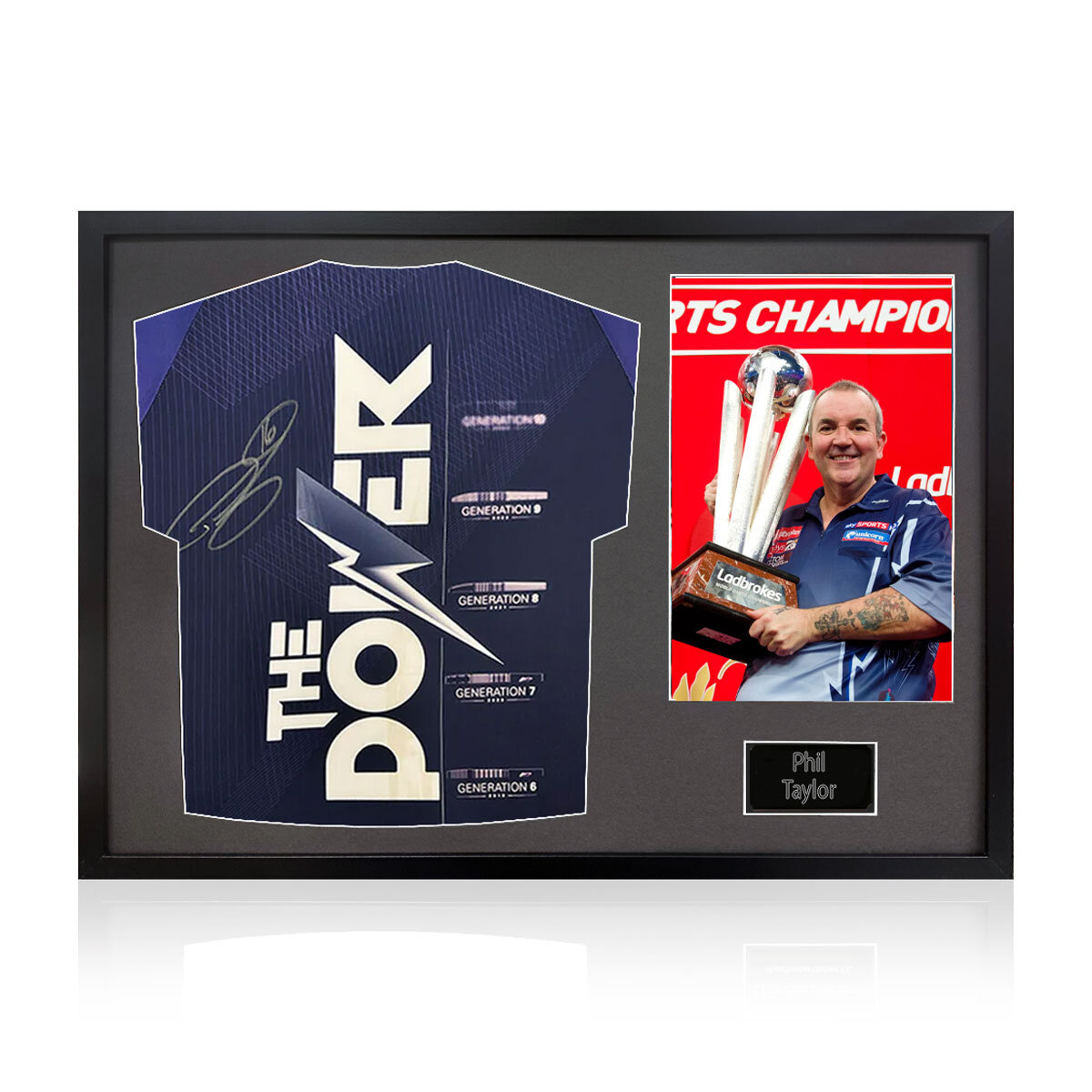 Phil Taylor Signed Framed Football Football Shirt including 1 Photo, with Black Mount