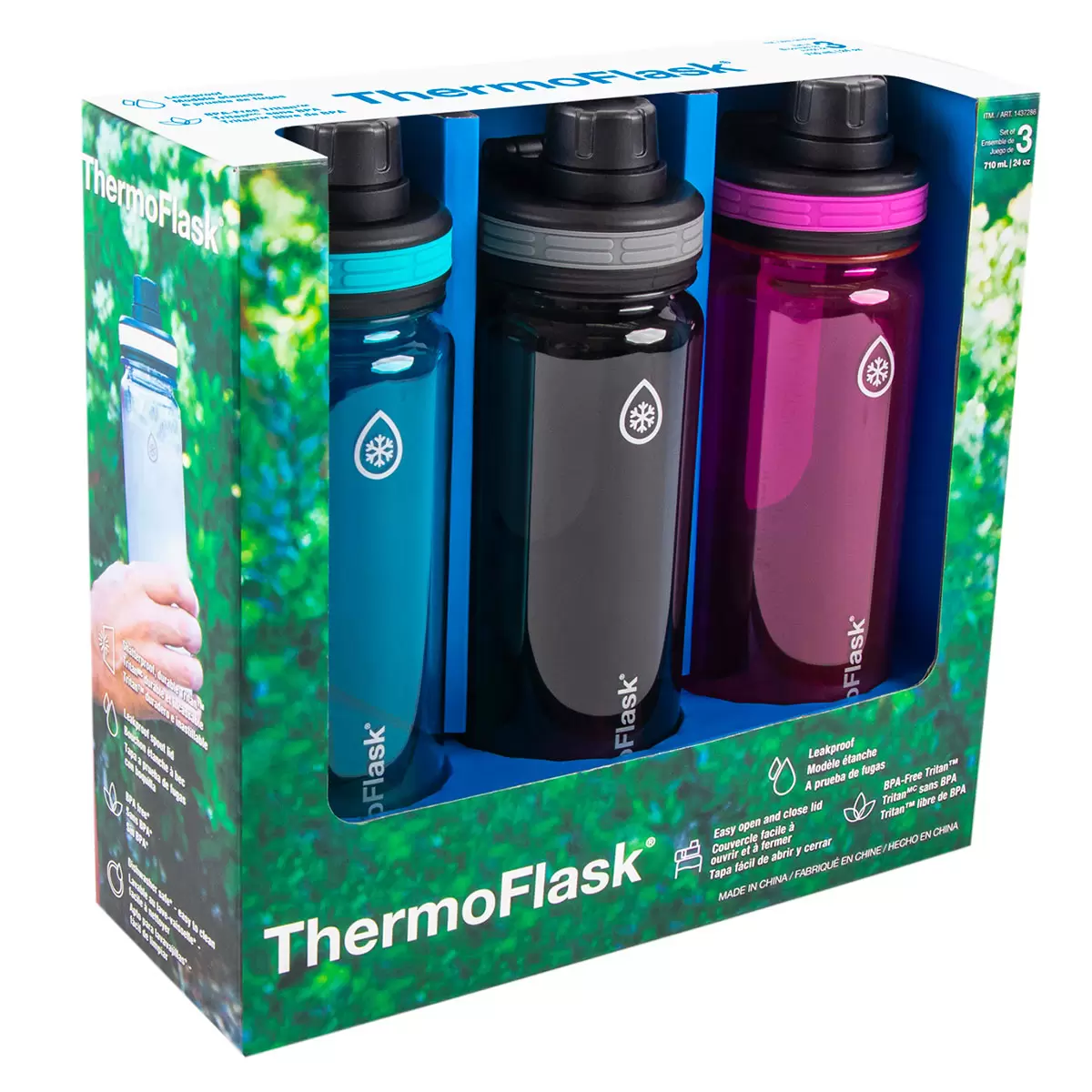 ThermoFlask 709ml Tritan Water Bottles, 3 Pack in Teal/Black/Pink 