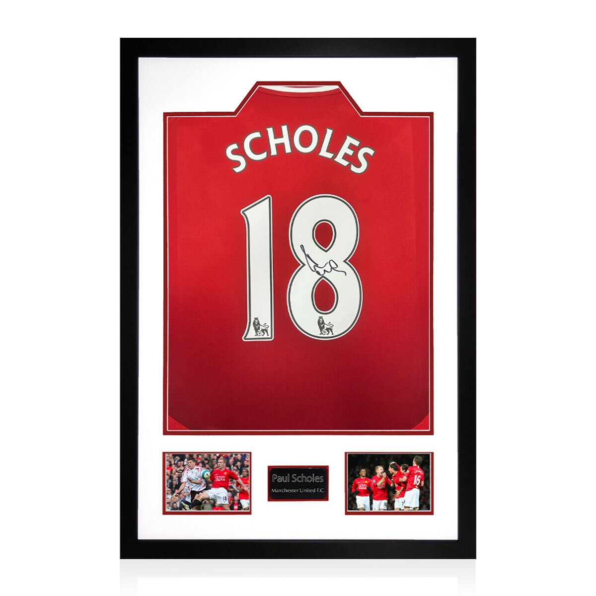 Paul Scholes MUFC Premier League Signed Framed Shirt, including 2 Photos