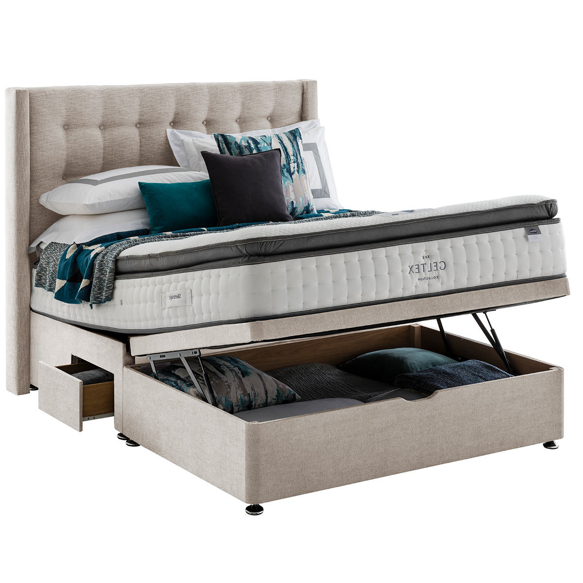 Silentnight Ottoman Divan Base with Bloomsbury Headboard in Sandstone, Super King