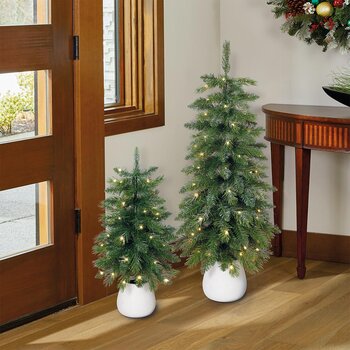 3ft (90cm) Silver Glitter Potted Trees with LED Lights- Set of 2