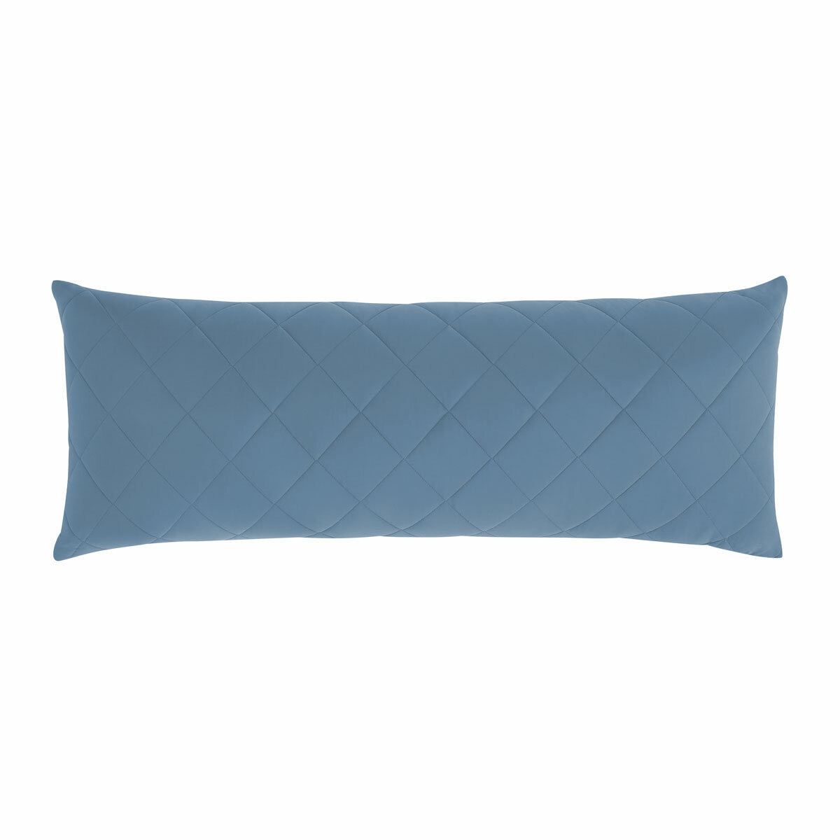 Quilted light blue body pillow with diamond stitching placed in front of two white pillows on a neatly Quilted light blue body pillow with diamond stitching placed in front of two white pillows on a neatly