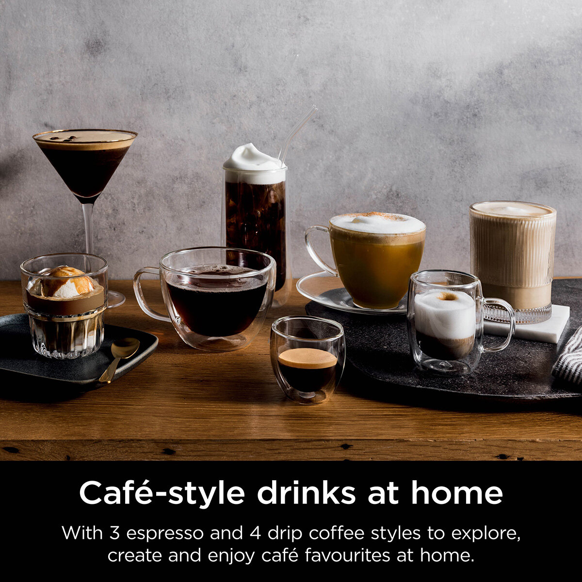 Lifestyle image of Ninja Luxe Café Premier Espresso Machine showing different coffee style drinks that can be made Lifestyle image of Ninja Luxe Café Premier Espresso Machine showing different coffee style drinks that can be made