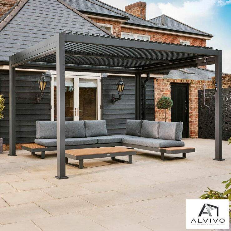 Alvivo 9ft 7" x 12ft 10" (2.9 x 3.9m) Louvered Aluminium Pergola Bundle with 3 Pull-Down Screens & LED Lights