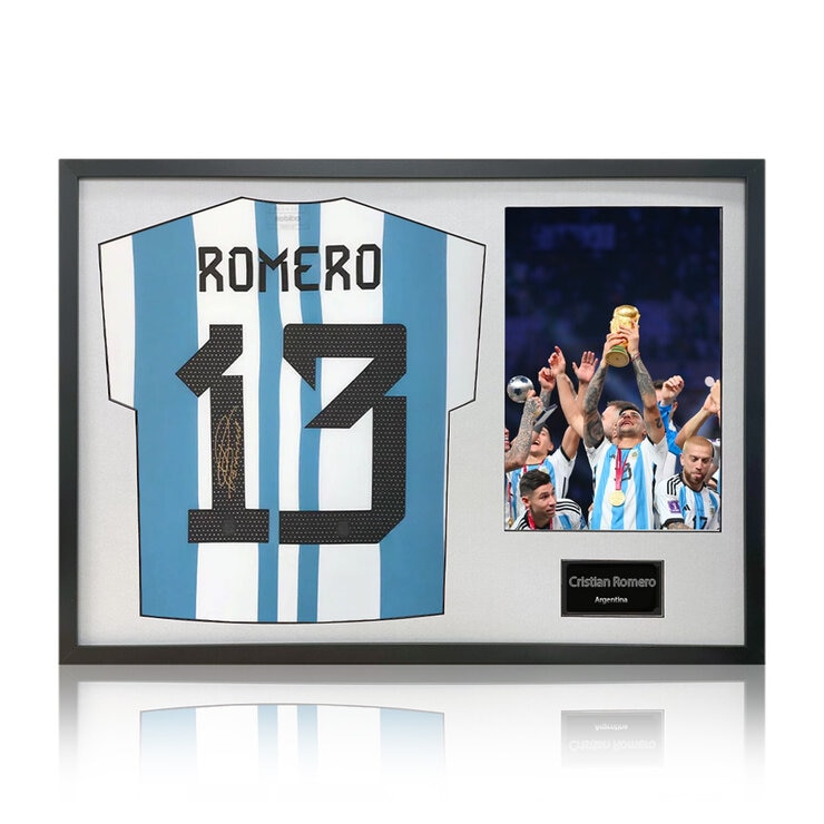 Christian Romero Signed Framed Argentina Football Shirt including 1 Photo, with White Mount Christian Romero Signed Framed Argentina Football Shirt including 1 Photo, with White Mount