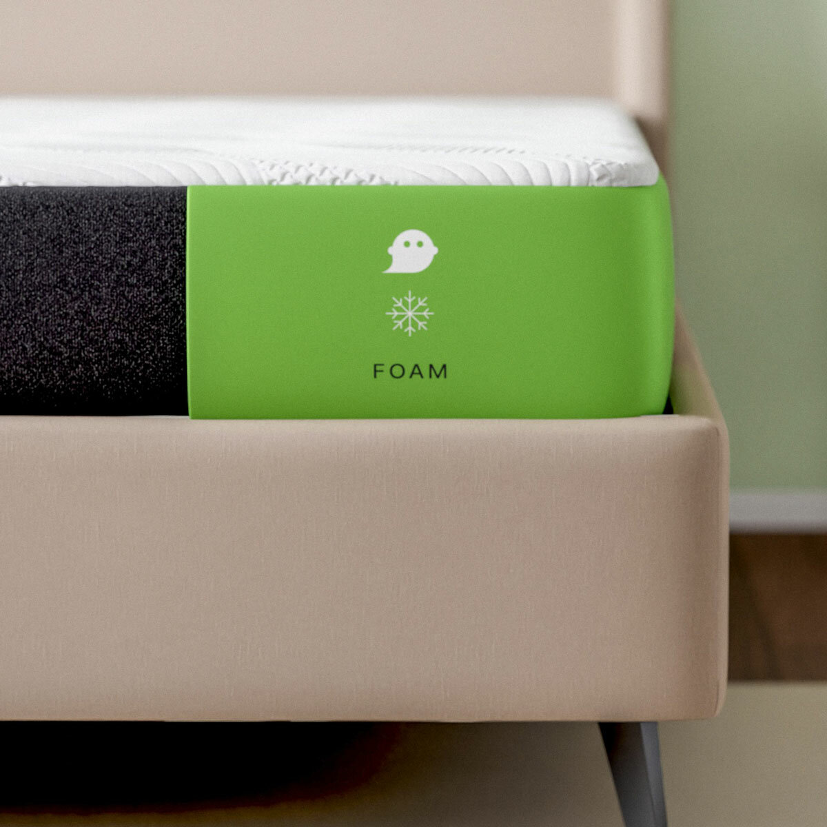 Ghostbed Classic Cooling Memory Foam Mattress Close Up Corner with Logo Ghostbed Classic Cooling Memory Foam Mattress Close Up Corner with Logo