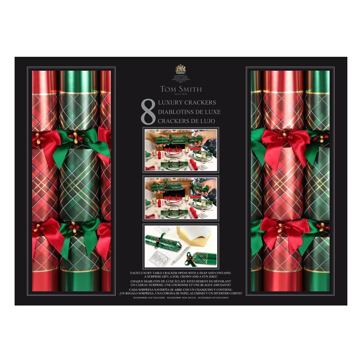 Tom Smith 14 Inch (36 cm) Deluxe Christmas Crackers 8 Pack With Silver Plated Party Favours in Red and Green Tartan