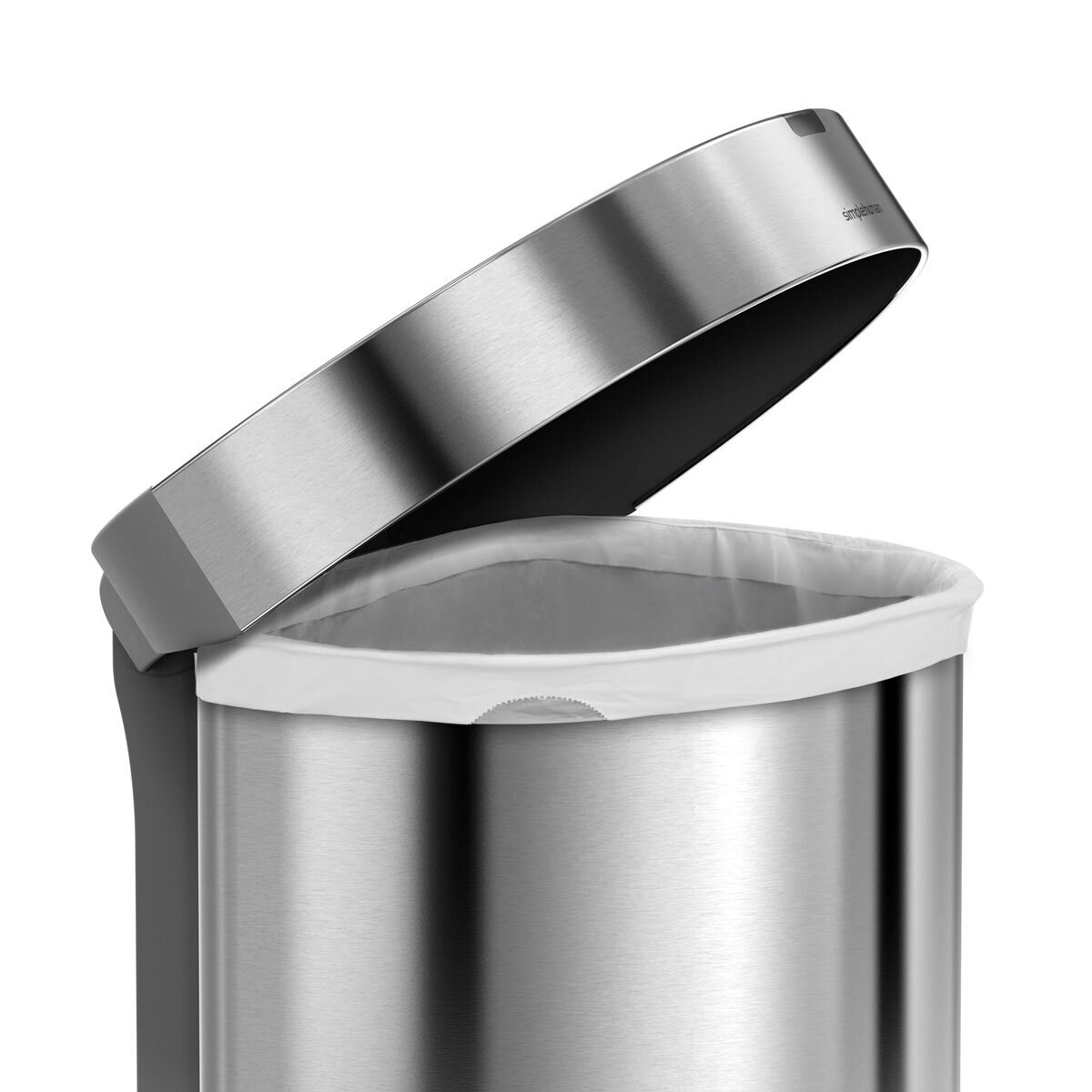Open Simplehuman 45L Semi Round Sensor Bin, brushed stainless steel