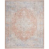 Elegant heirloom rug, tradtional design in rust, grey, blue and ivory tones