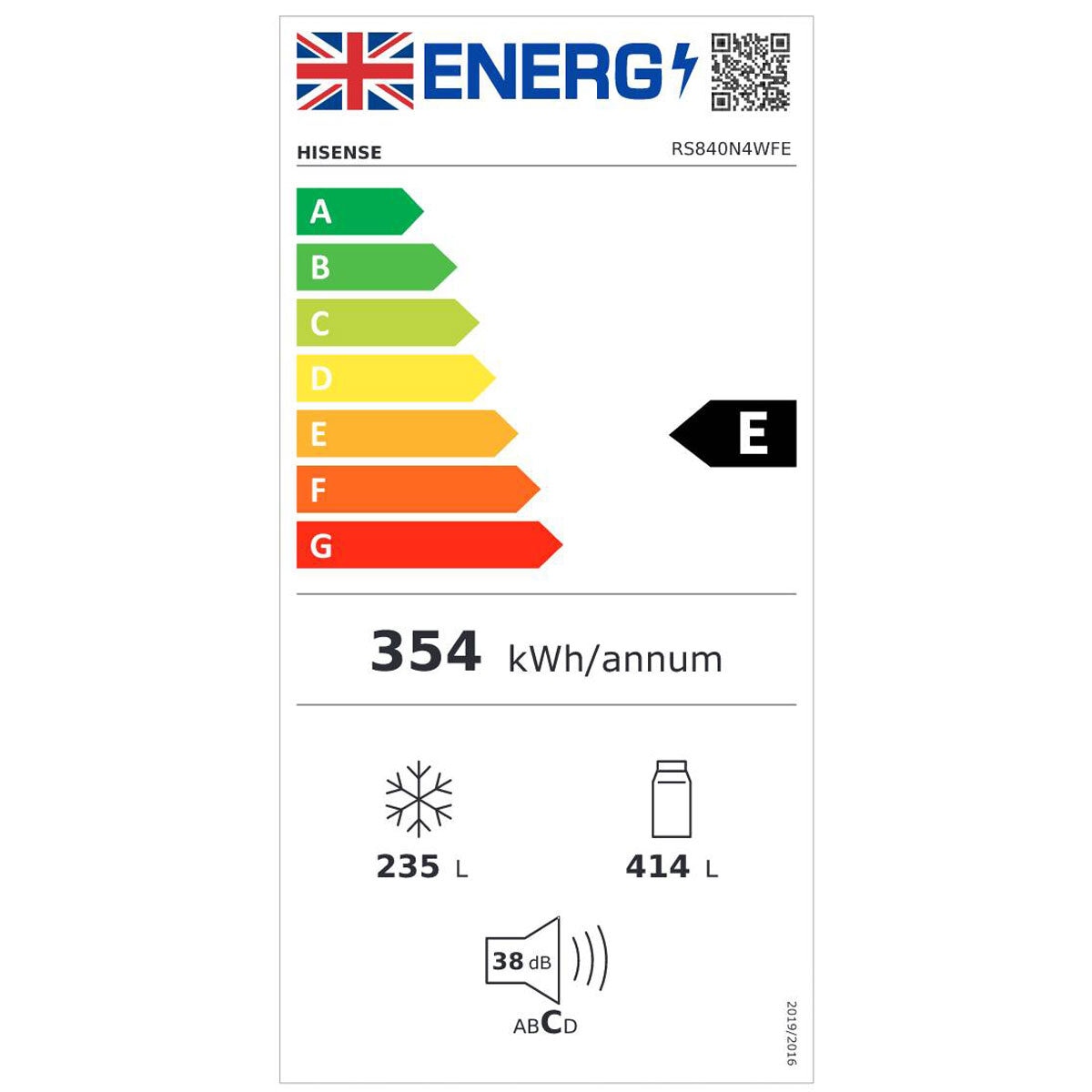 Hisense RS840N4WCE, Side by Side Fridge Freezer with Non Plumbed Water Dispenser, E Rated in Black