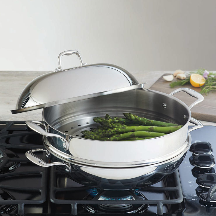 LinkfairTri Ply Stainless Steel 32cm Wok with Steamer Insert and Lid Costco UK