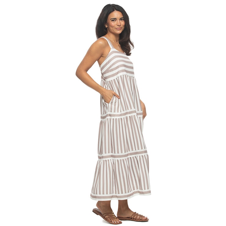 Jezebel Ladies Tiered Dress in Taupe Stripe Jezebel Ladies Tiered Dress in Taupe Stripe