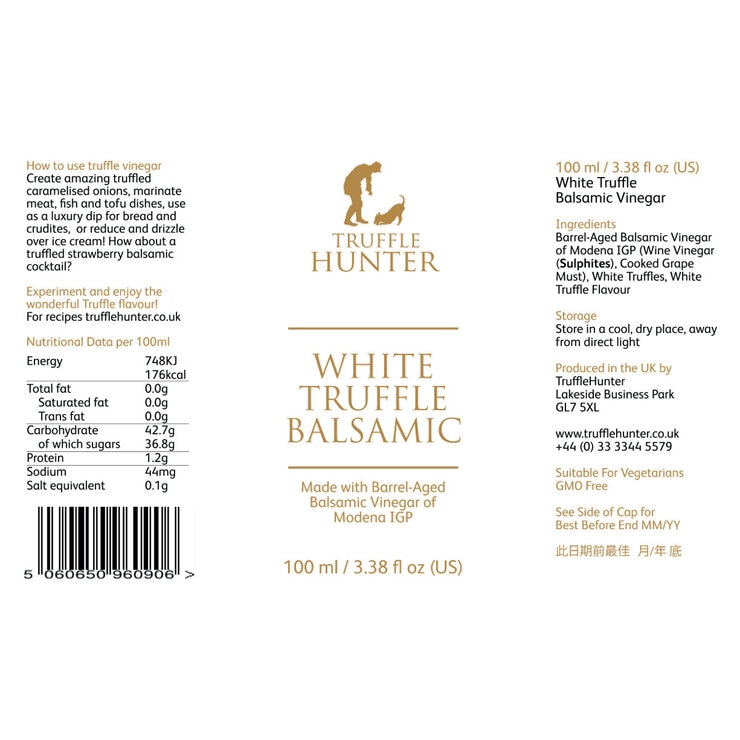 Truffle Hunter White Truffle Balsamic Vinegar, 100ml Product Label Truffle Hunter White Truffle Balsamic Vinegar, 100ml Product Label