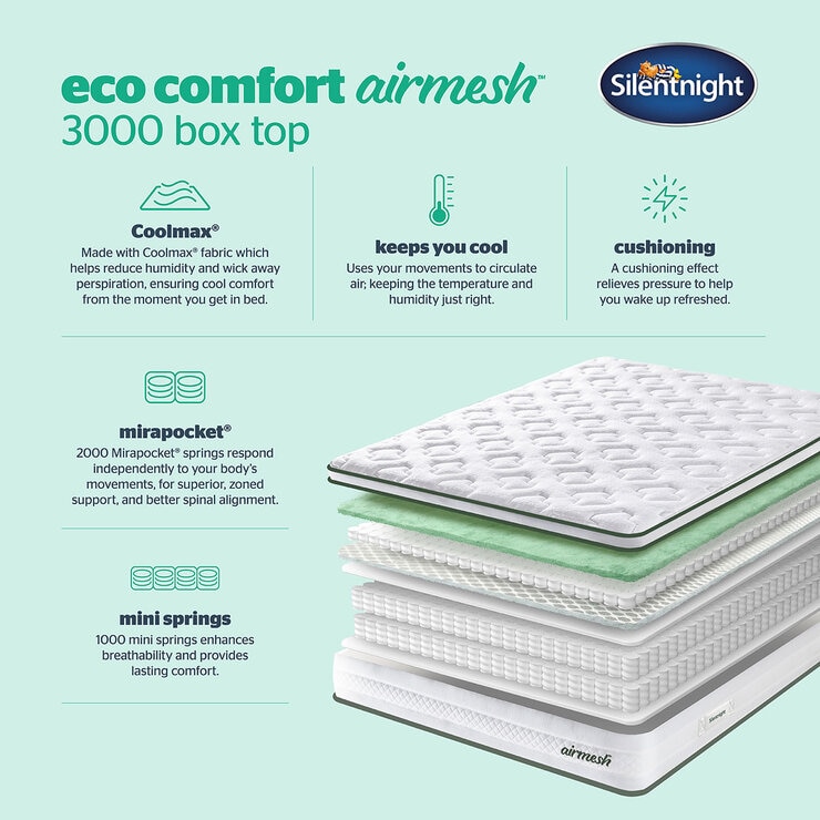 Silentnight AirMesh® 3000 Pocket Boxtop Mattress & Slate Grey Full Ottoman Divan in 3 Sizes