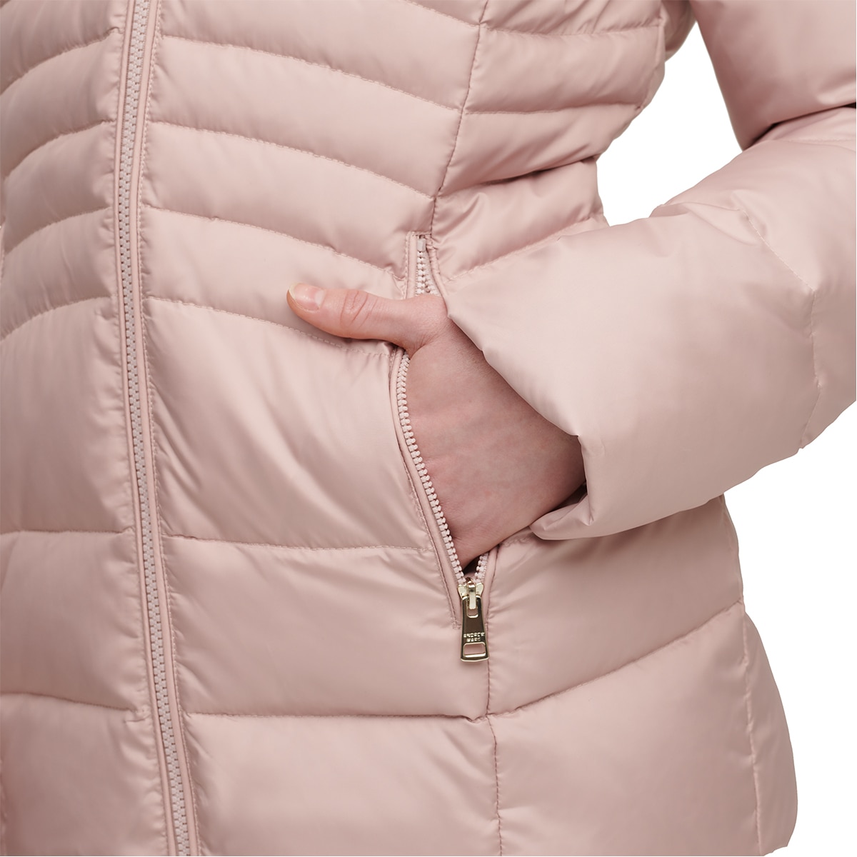 Andrew Marc Women's Short Down Jacket with Faux Fur Trim Hood in Dusk Rose, Medium