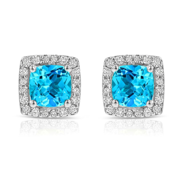 Cushion Cut Swiss Blue Topaz and 0.13ctw Diamond Stud Earrings, 14ct White Gold Cushion Cut Swiss Blue Topaz and 0.13ctw Diamond Stud Earrings, 14ct White Gold