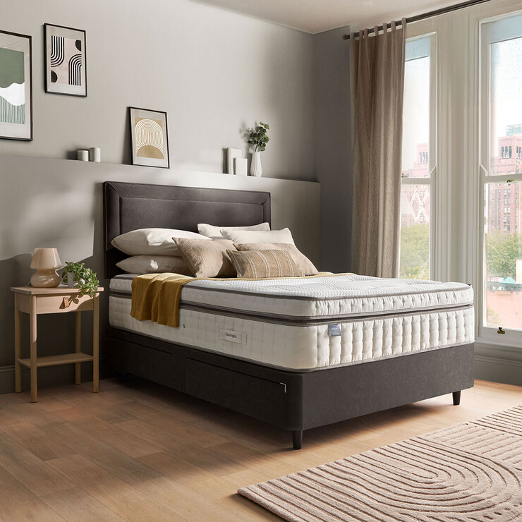 Silentnight Velvet 4 Drawer Divan Base with Malvern Headboard in Umbra in 3 Sizes