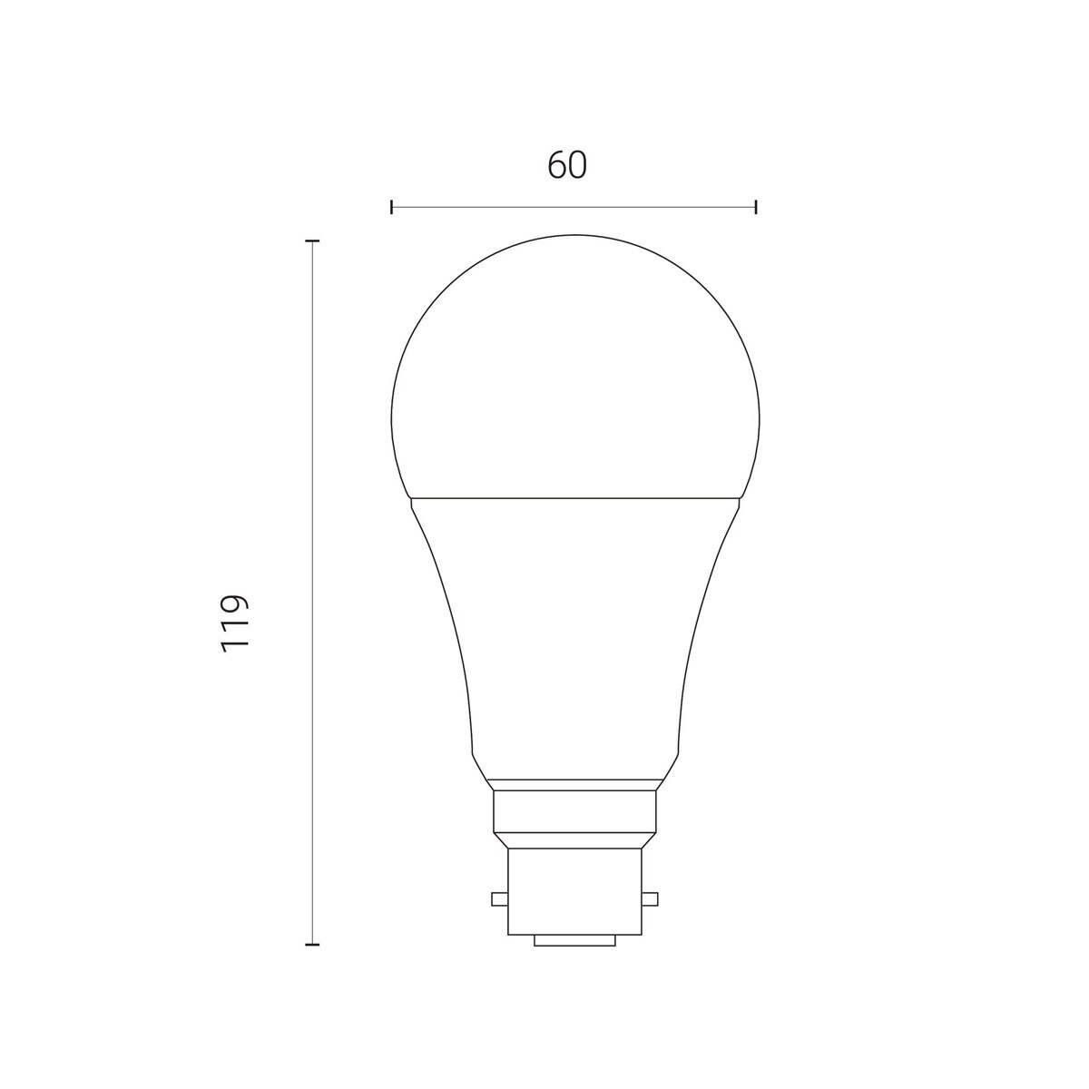 Line drawing of bulb on white background with dimensions