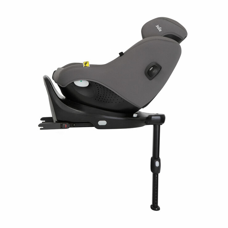 Studio image of the Joie I-Pivot Car Seat from the side, reclined and headrest raised Studio image of the Joie I-Pivot Car Seat from the side, reclined and headrest raised