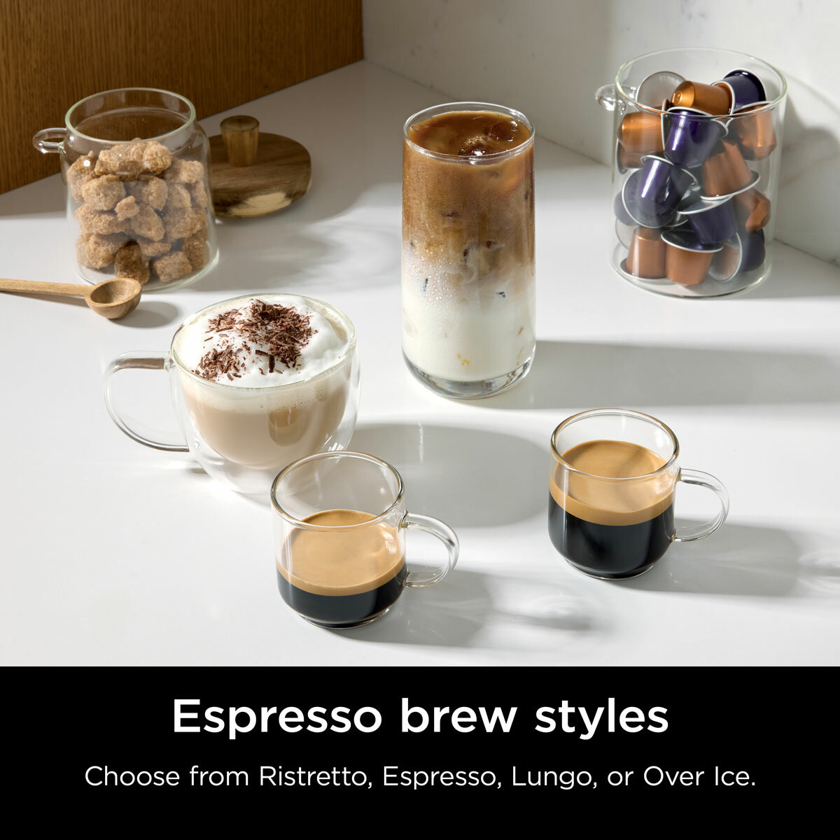 Lifestyle image of different espresso coffee brew styles made from Ninja Prestige Dualbrew System Lifestyle image of different espresso coffee brew styles made from Ninja Prestige Dualbrew System