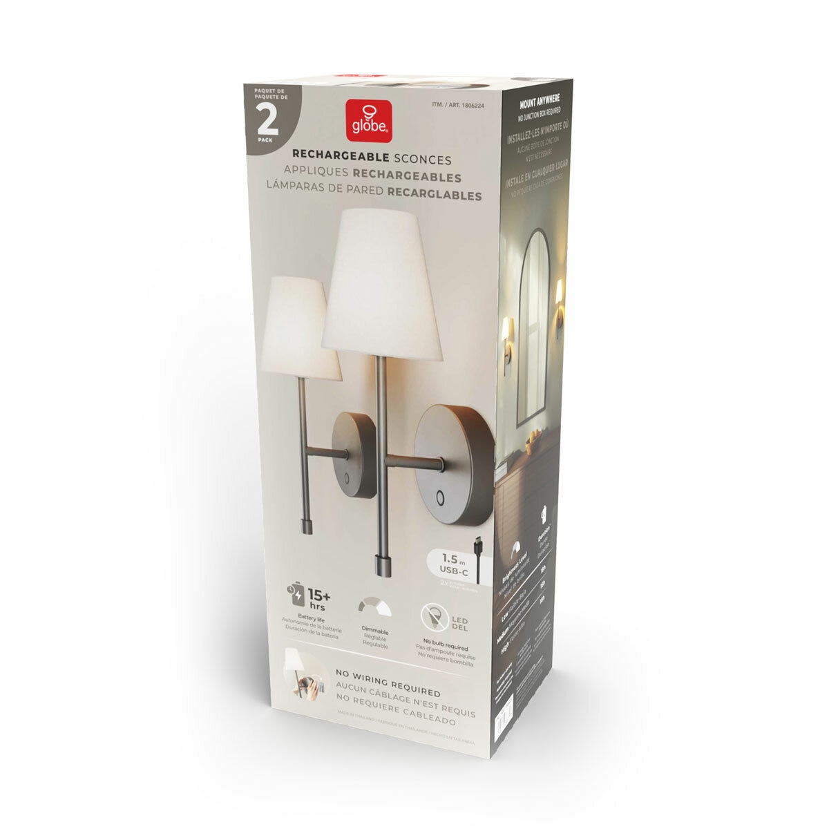 Globe Electric Wireless Rechargeable LED Integrated Wall Sconce, 2 Pack in 2 Colours