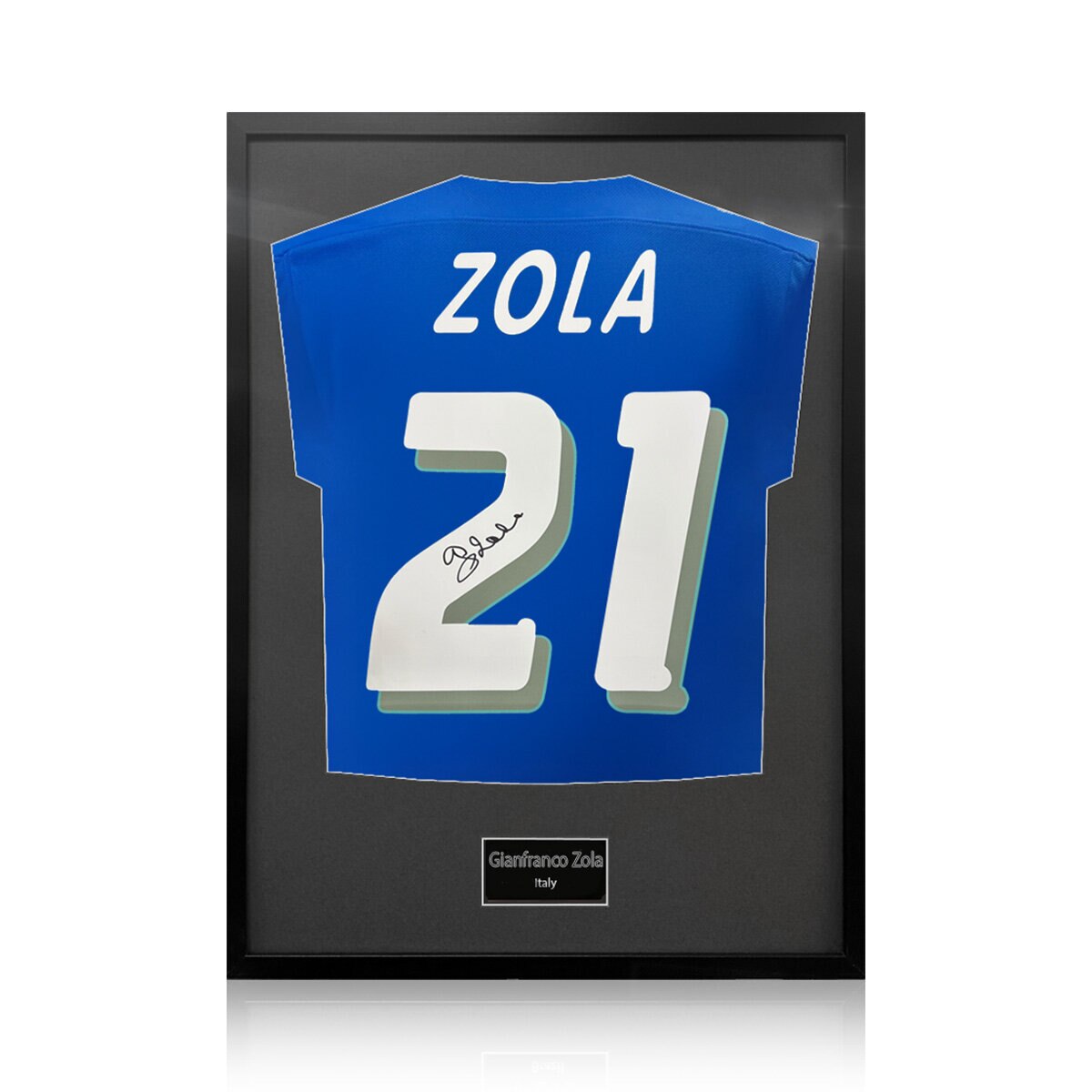 Gianfranco Zola Signed Framed Italy Football Shirt in Black Gianfranco Zola Signed Framed Italy Football Shirt in Black