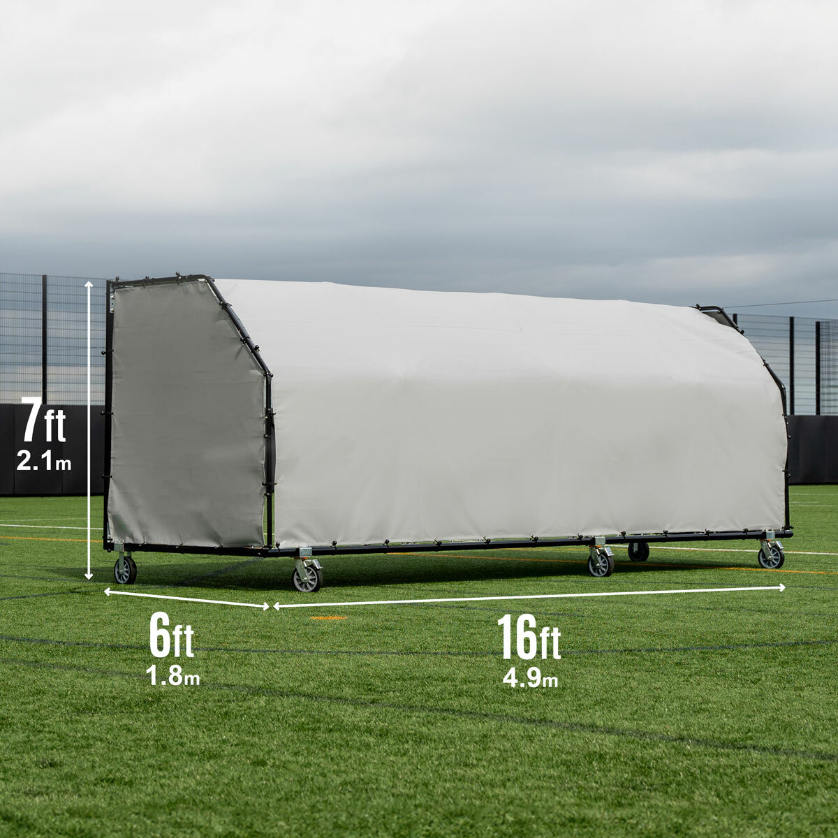 Lifestyle image of the back Quickplay Pro Alu Club Shelter 16 x 6ft with the dimensions shown for each side
