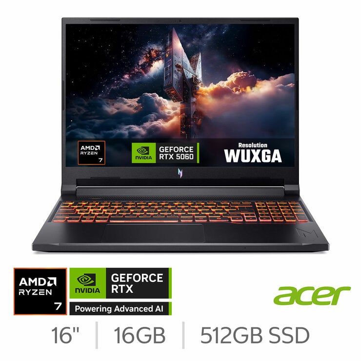 Acer Nitro, AMD Ryzen 7, 16GB RAM, 512GB SSD, NVIDIA GeForce RTX 5060, 16 Inch Gaming Laptop Acer Nitro, AMD Ryzen 7, 16GB RAM, 512GB SSD, NVIDIA GeForce RTX 5060, 16 Inch Gaming Laptop