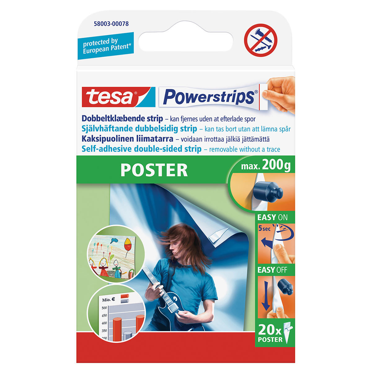 Tesa Powerstrips® Poster Double-sided Removable Adhesive Strips, 20 Strips - 200g