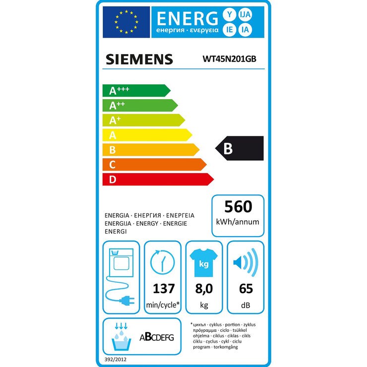 Siemens WT45N201GB IQ300, 8kg, Condenser Tumble Dryer B Rated in White