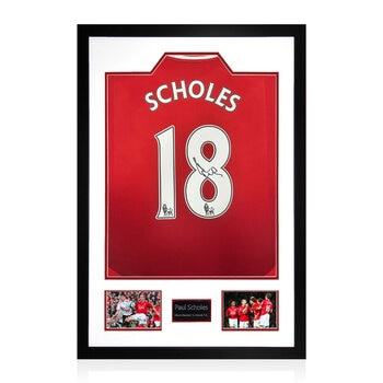 Paul Scholes MUFC Premier League Signed Framed Shirt, including 2 Photos