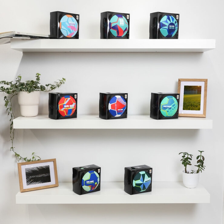 Lifestyle image of the footballs, individually boxed and on display on a shelf