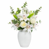 Artificial Lily and Rose Bouquet in Vase_White Background Artificial Lily and Rose Bouquet in Vase_White Background
