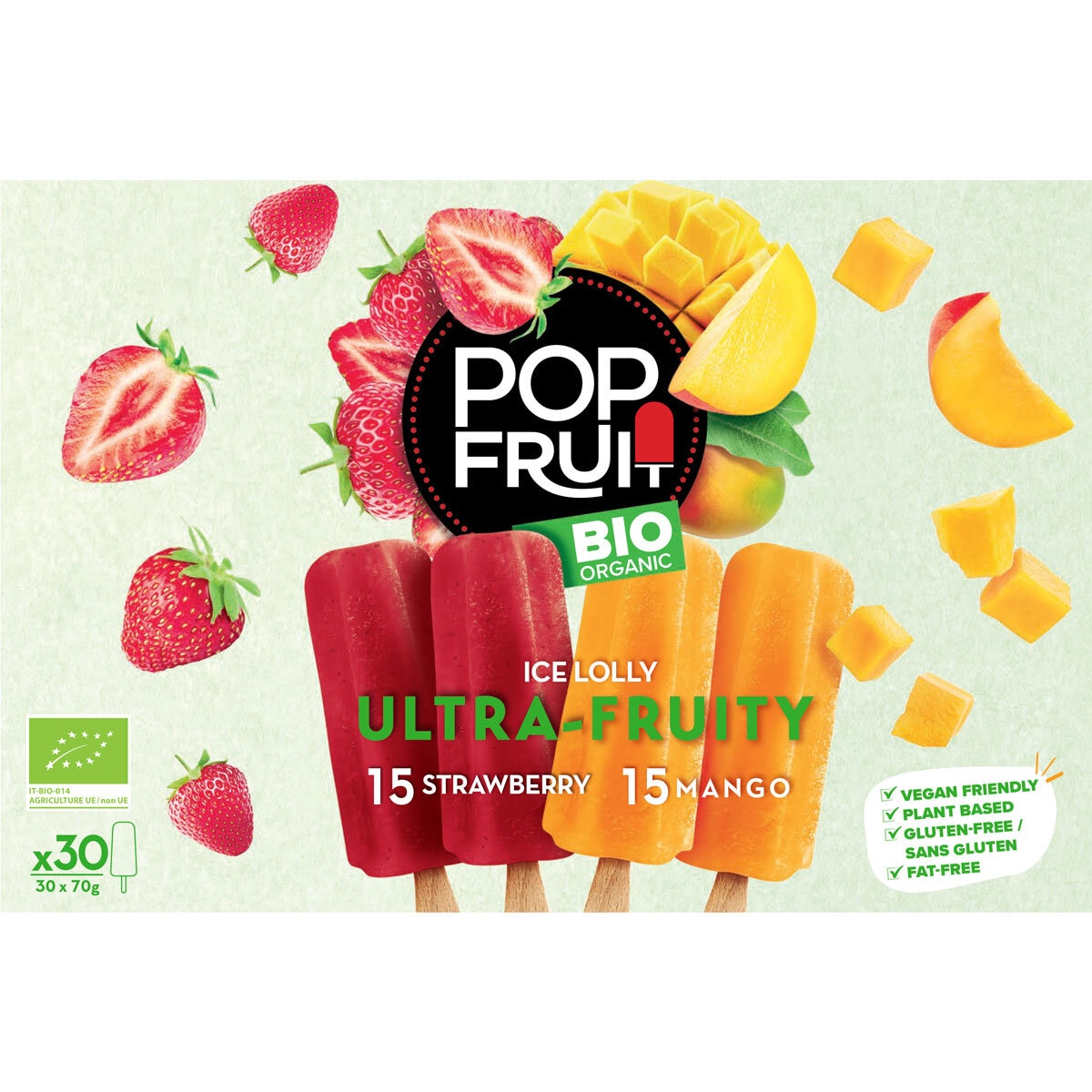 Pop Fruit Organic Ice Lollies Strawberry & Mango, 30 Pack