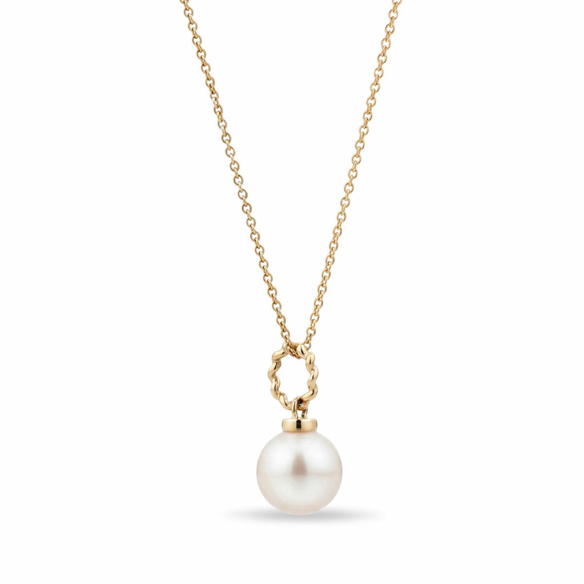 7-8mm Cultured Freshwater White Pearl Round Necklace, 14ct Yellow Gold