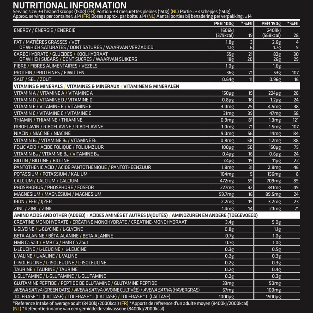 Nutiritional information with list of vitamins, minerals and amino acids