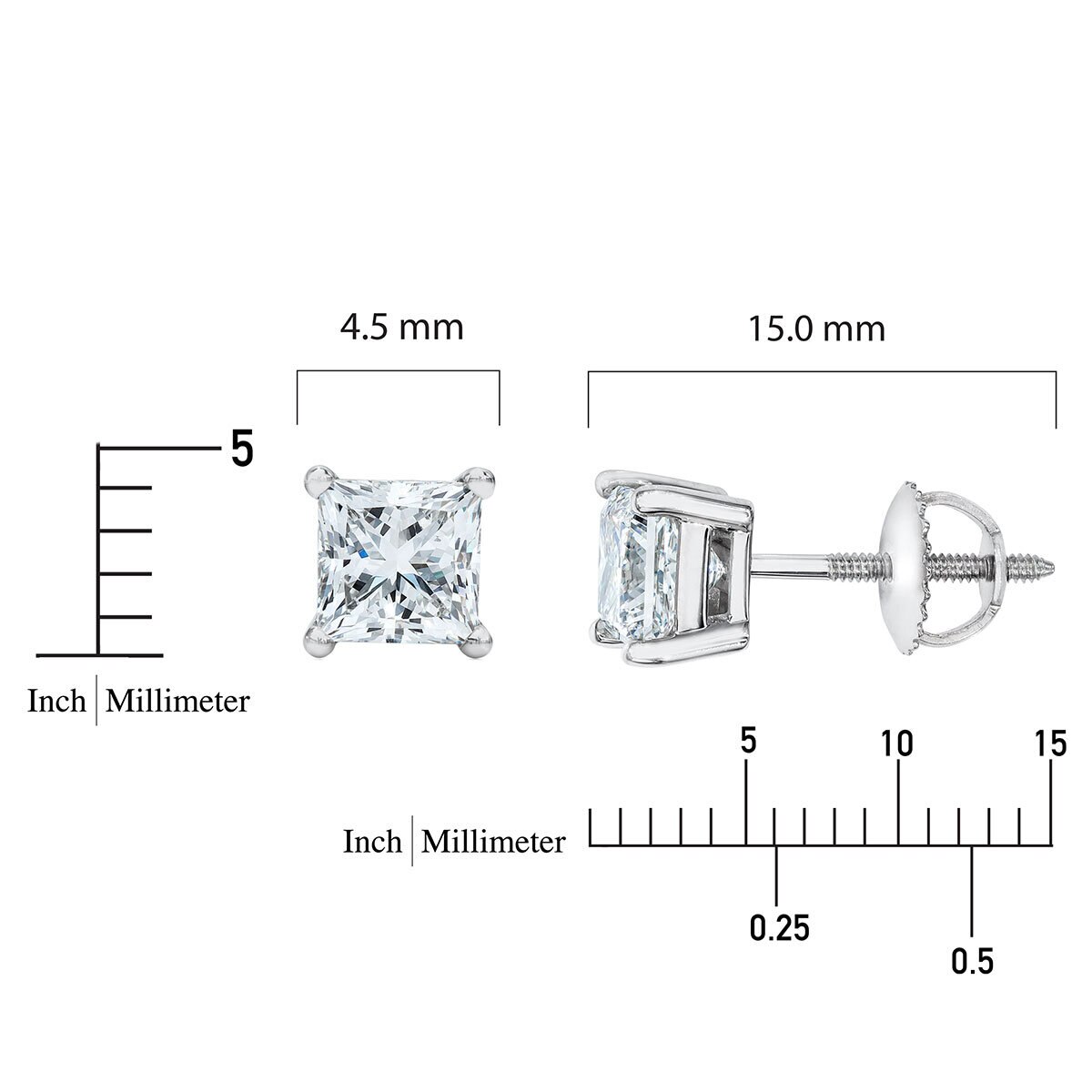 1.00ctw Princess Cut Diamond Stud Earrings, Platinum