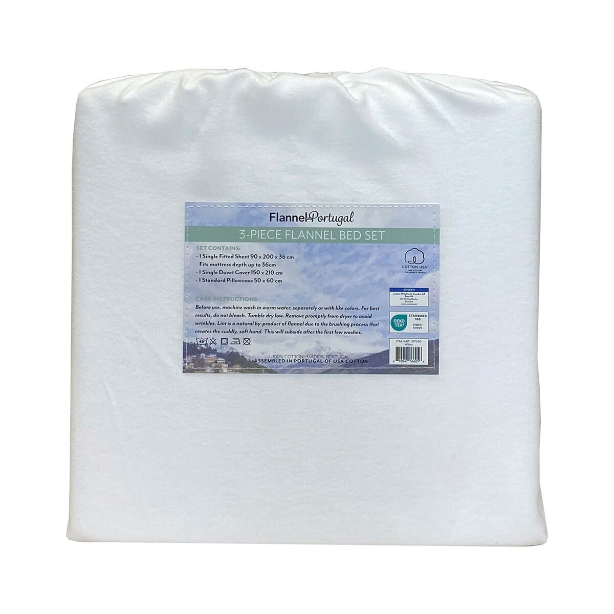 Portuguese Flannel Cotton 3 Piece Single Duvet Set, White