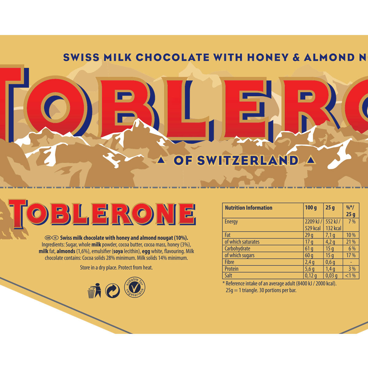 Packaging of Toblerone Swiss Milk Chocolate Bar, 750g