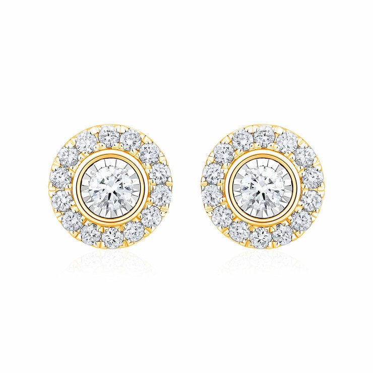 0.22ctw Round Brilliant Cut Diamond Halo Earrings, 14ct Yellow Gold 0.22ctw Round Brilliant Cut Diamond Halo Earrings, 14ct Yellow Gold