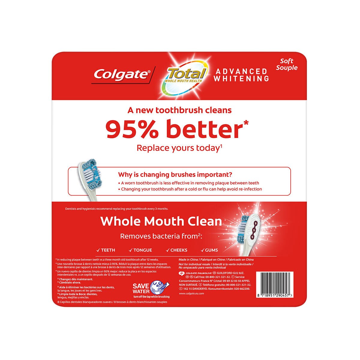 Colgate Total Advanced Whitening Soft Toothbrush, 8 Pack