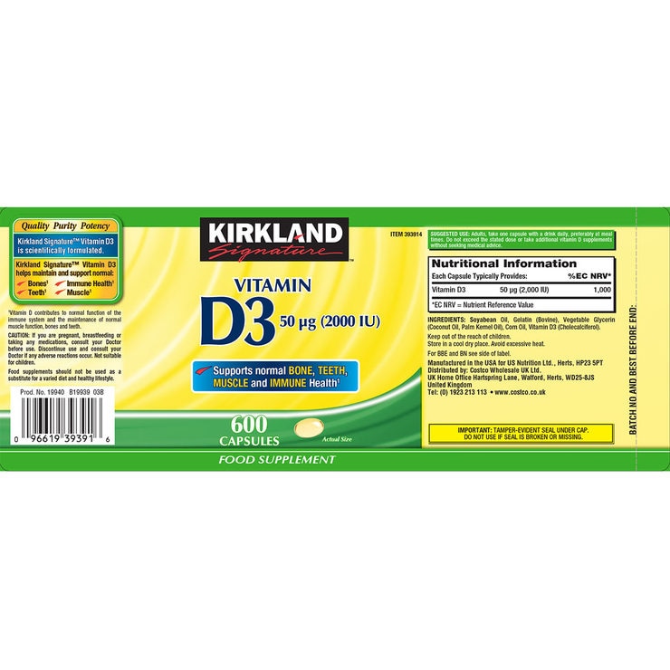 Kirkland Signature Maximum Strength Vitamin D3 50µg, 600 Capsules (20