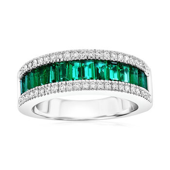 Baguette Cut Lab Emerald & 0.23ctw Diamond Ring, 18ct White Gold