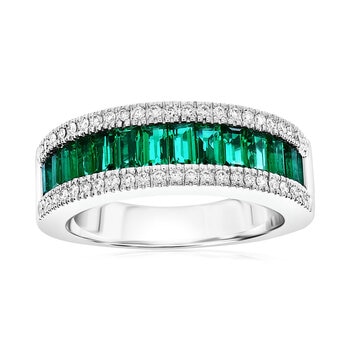 Baguette Cut Lab Emerald & 0.23ctw Diamond Ring, 18ct White Gold