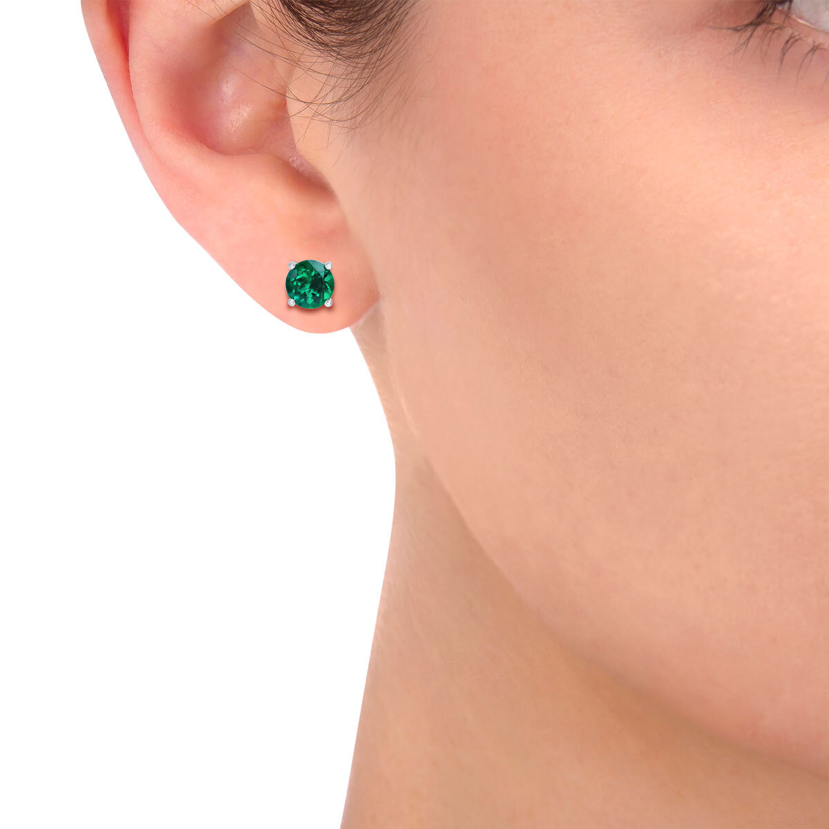 Round Cut Lab Emerald Stud Earrings, 14ct White Gold