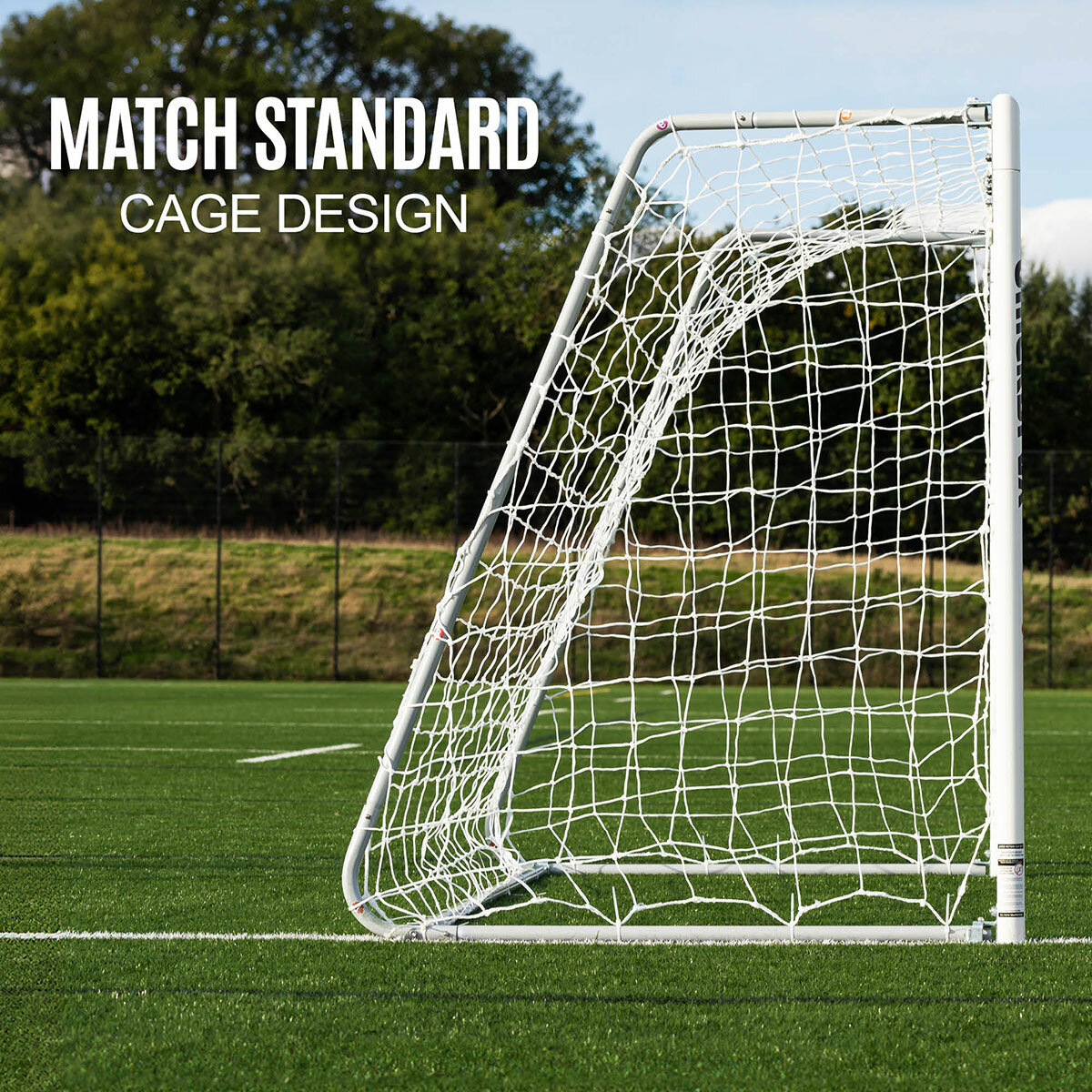 Lifestyle image of the side of the goal, showing the match standard cage design Lifestyle image of the side of the goal, showing the match standard cage design