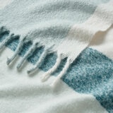 Close up of Blue Faux Mohair Throw, showcasing fringed border and soft texture