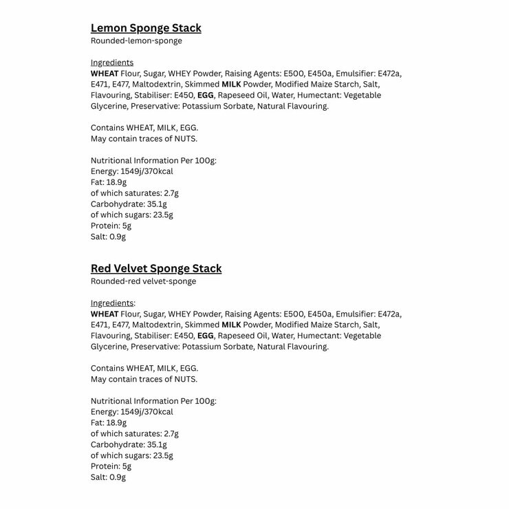 Lemon and Red Velvet Sponge Nutritional Information