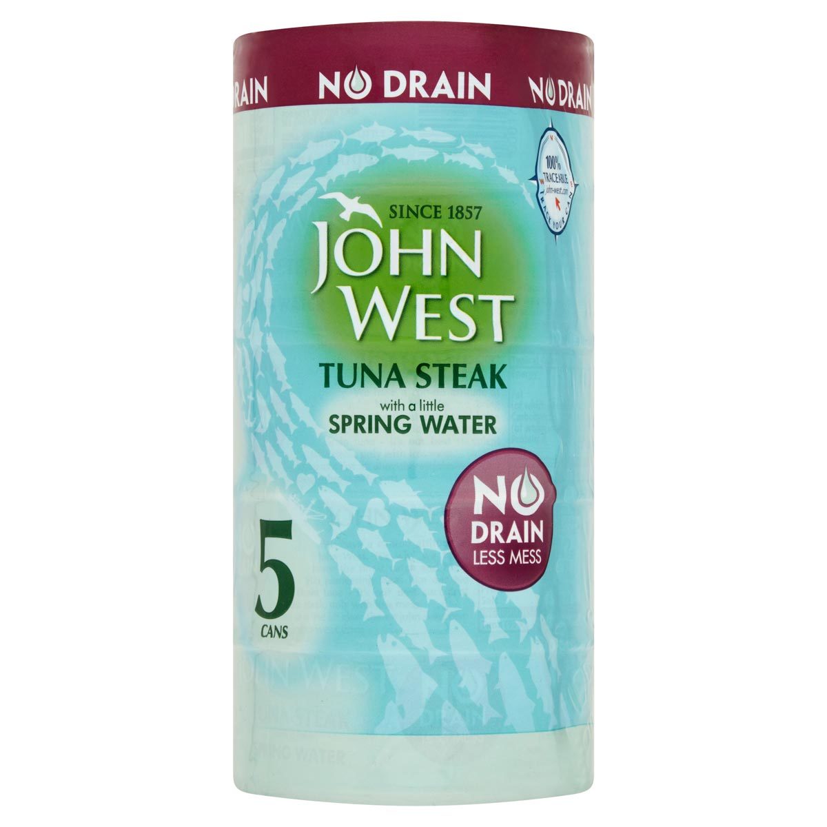Front on image of 5 tins of John West Tun wrapped in plastic